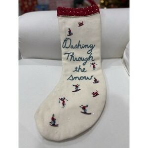 Anthropologie Dashing Through the Snow Christmas Stocking Skiers Cream